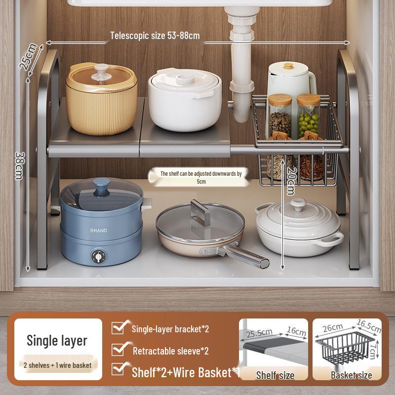 Retractable Under-Sink Tiered Shelf and Pot Storage Rack