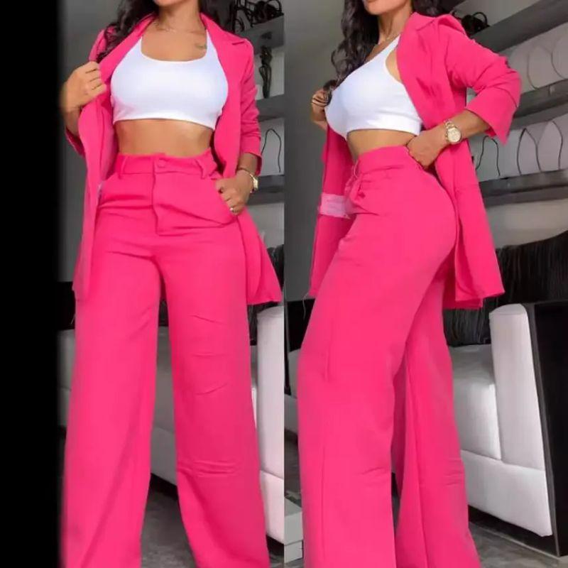 European and American Women clothes Temperament Solid Lapel Suit Pocket Straight Pants Set Straight Leg Pants Set