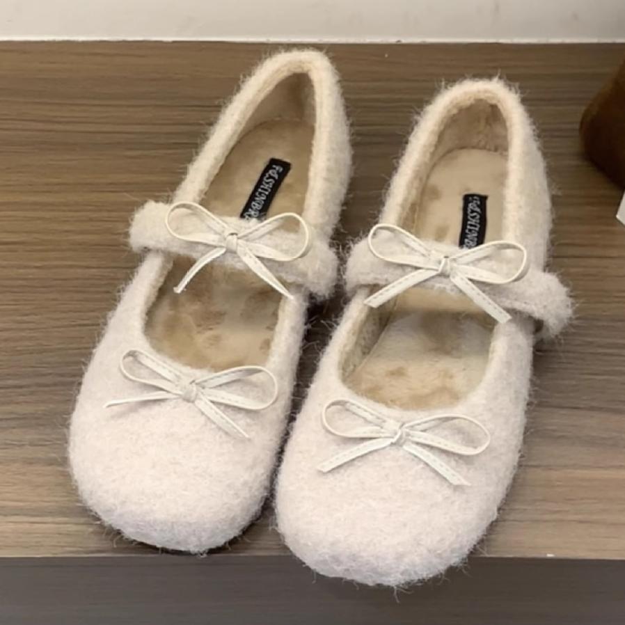 Autumn Warm Plush Mary Jane Shoes Women Sweet Bow Decorate Low Heel Pumps Cozy Soft Sole Non-slip Designer Shoe Zapatos De Mujer