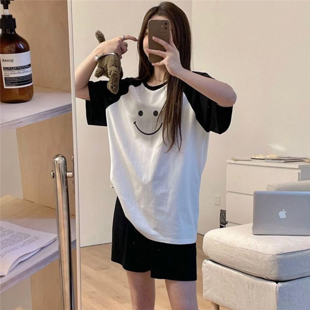New Summer Color-blocking Short-sleeved Pajamas Set for Women's Gradient Smiley Face Sweet and Cute Cartoon Thin Style