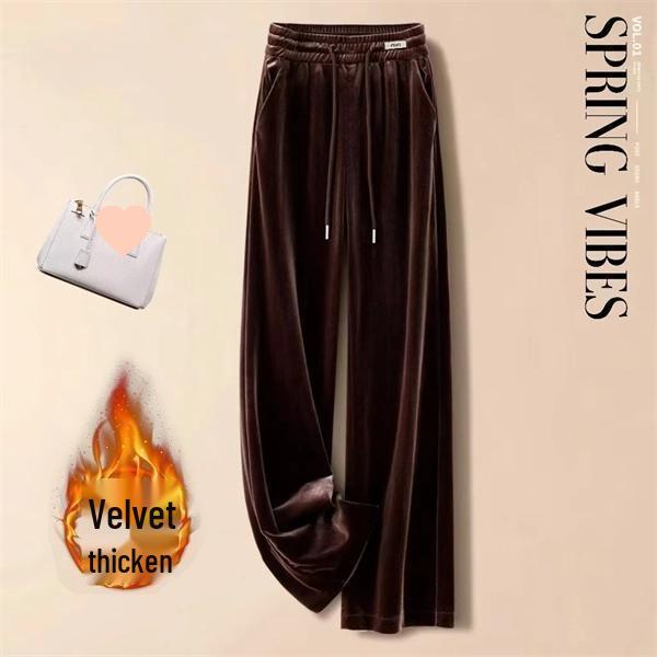 Fleece-Lined Gold Velvet High-Waisted Straight-Leg Pants (2025 Winter Edition)