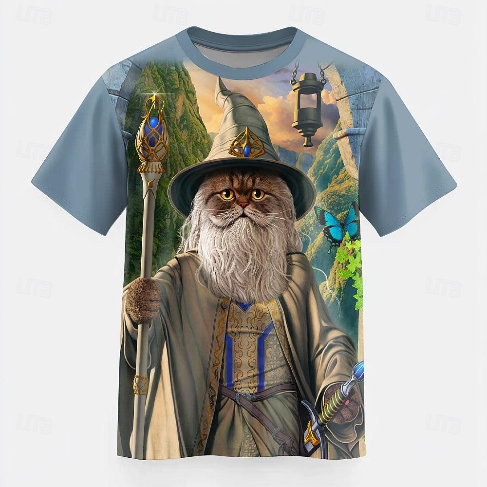 Catdalf the White VINCENT HIE Men's Cat T Shirt Short Sleeve T shirt 3D Print Crew Neck Shirt Fashion Exaggerated Daily Party