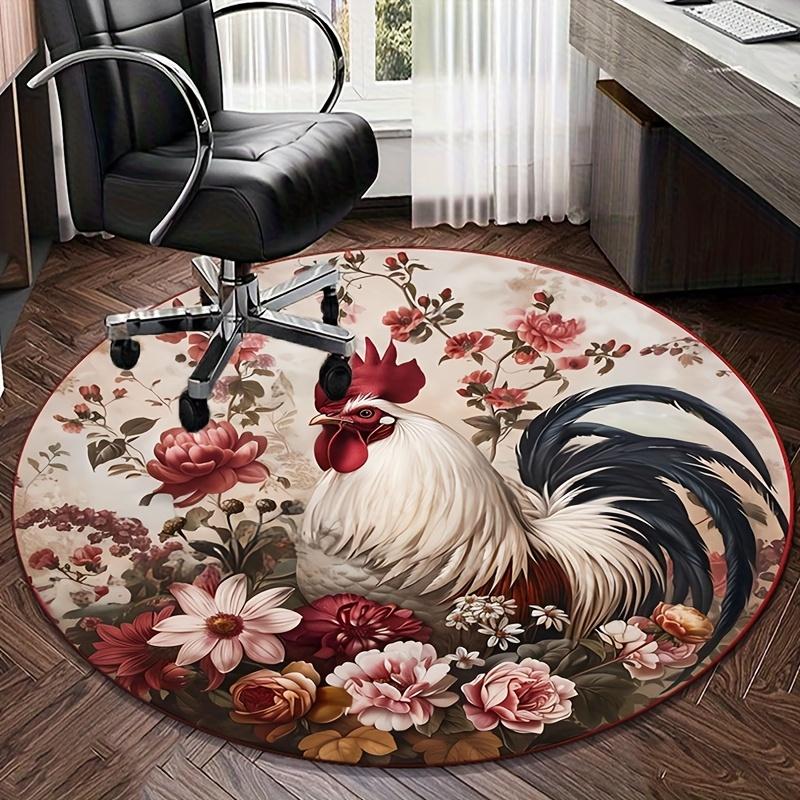 Vintage Rooster Floral Round Rug, Non-Slip Mat, Colorful Flower Decor for Living Room, Bedroom, Elegant Home Accent