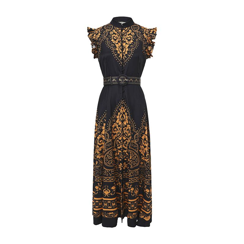 

Лето 2026 Новое поступление Винтажное Этнический принт Без рукавов Стойка Воротник Длинное Макси Платье для Женщин с Поясом S чёрный