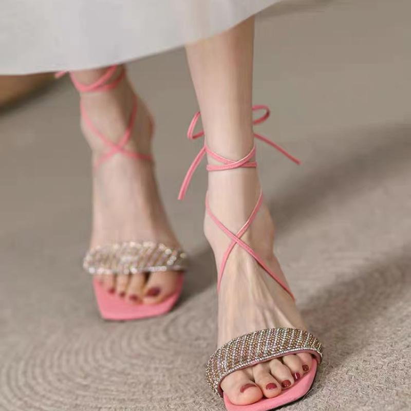 2024 Fashion Women's Sandals Open Toe Party Pumps Thin Heels Heels Elegant Dress Shoes Cross Tie Sandals Women Rhinestones Pumps