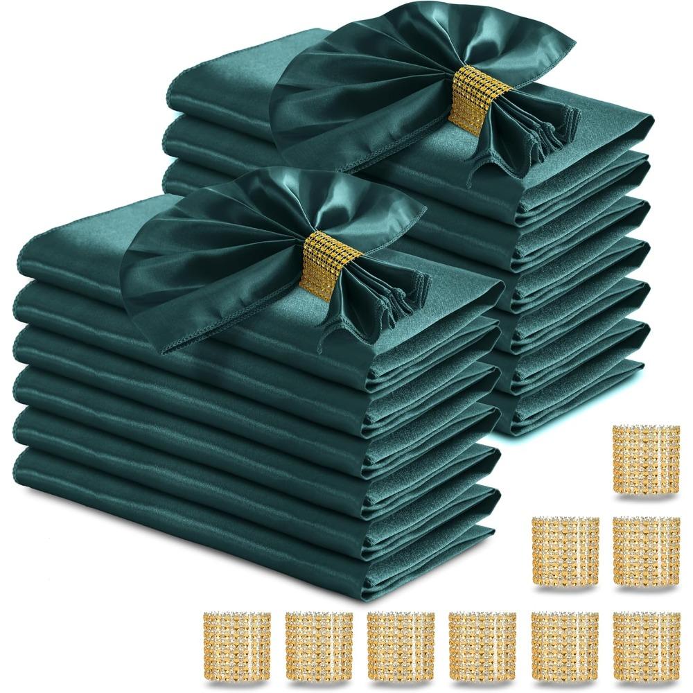M 100 Pcs Dark Green Satin Napkins and Napkin Rings Set, 17 X 17 Inch Square Cloth Napkins Set of 50, Silky Soft Table Napkins Bulk