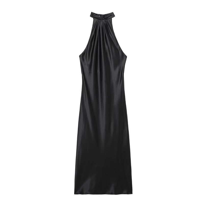 Spring New Women's Clothing French Hanging Collar Pleated Decoration Open Back Silk Satin Texture Dress 3274548