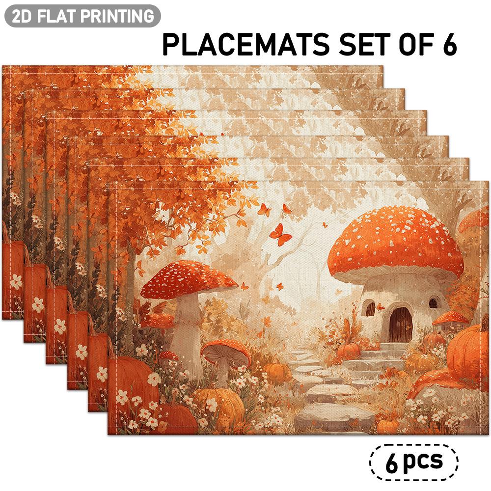 4 Stück/6 Stück Herbst-Tischsets Geeignet für Innen-/Außenbereich Herbst-Tischdekoration mit Orange-Pilz-, Kürbis-, Ahornblatt- & Schmetterlingsmustern - Rechteckig T
