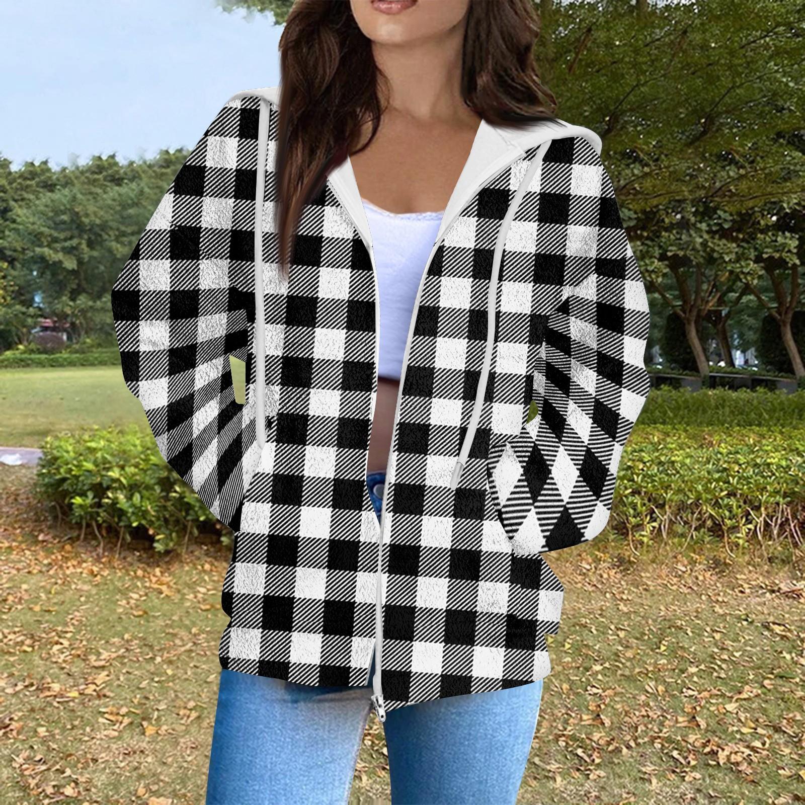 

Женская мода повседневная клетчатая куртка с длинным рукавом и карманом на молнии L чёрный