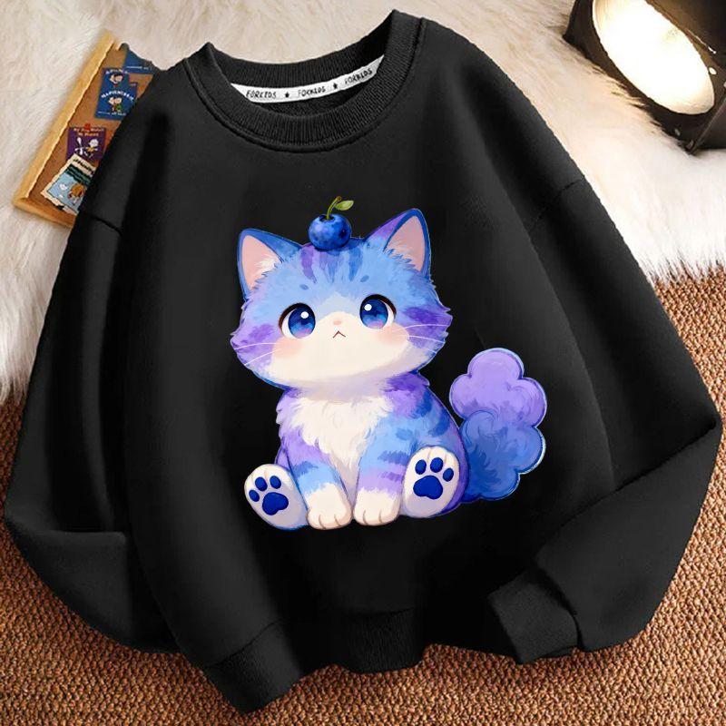 Children's Fashionable Cartoon Kitten Hoodie for Autumn and Winter, Casual Long-sleeved Round-neck Top for Boys and Girls