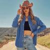 Women's Loose Fit Denim Shirt Jacket with Lapel Collar, Long Sleeves and Double Pockets