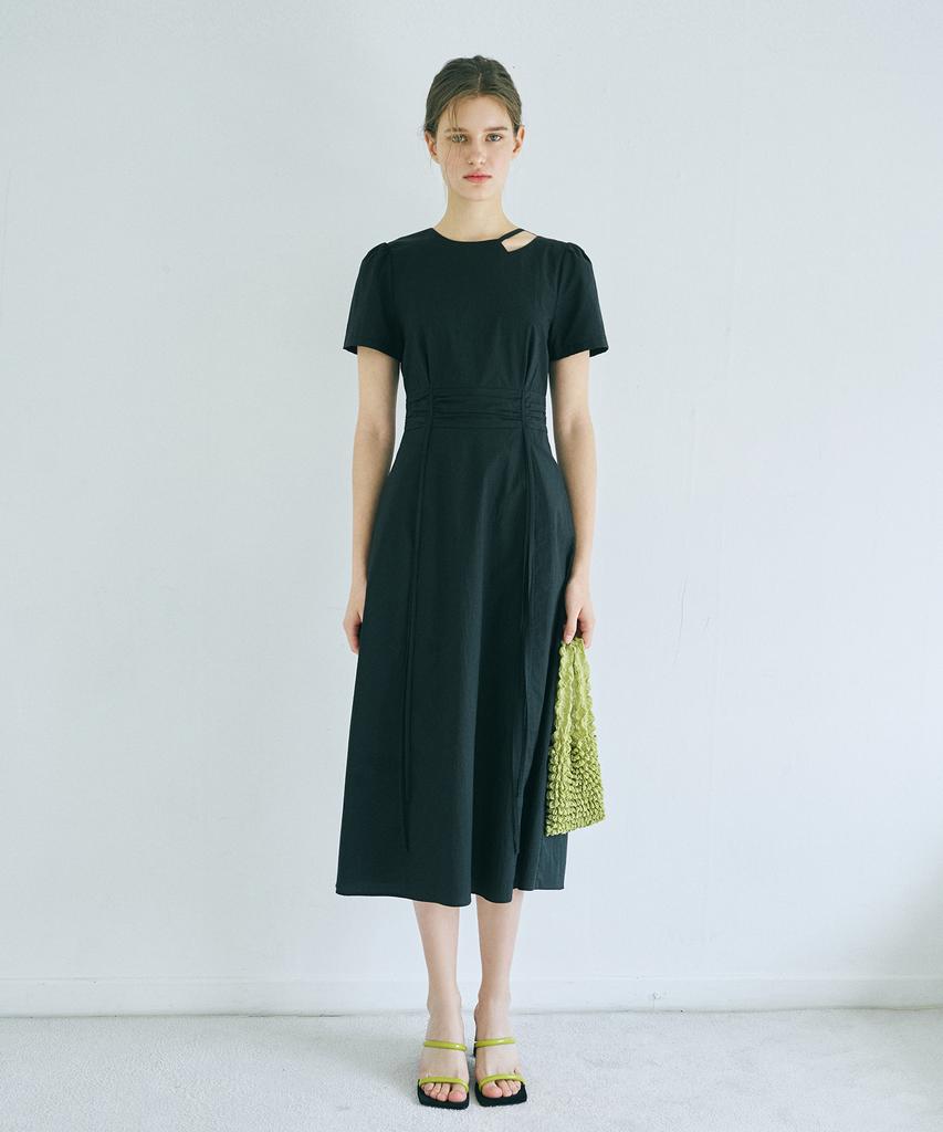 Etmont Neck Cut-Out Shirring Dress Black