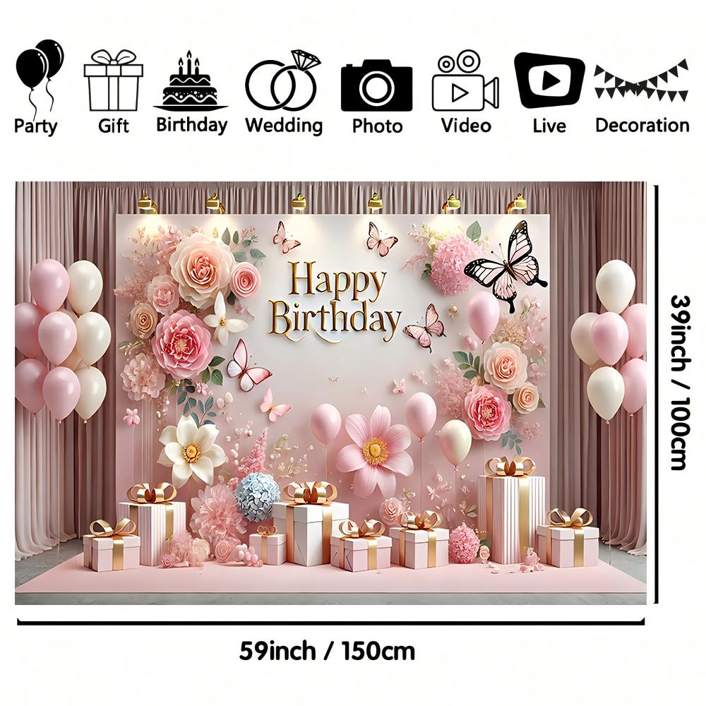 1pc Pink Theme Birthday Party Banner Polyester Material Multi-size Butterfly and Balloon Design Suitable for Birthday Partie
