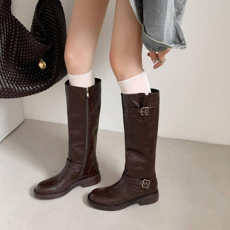 Autumn and winter women's leather boots versatile medium heel leather knight boots round head side zipper new cowhide big tube high boots