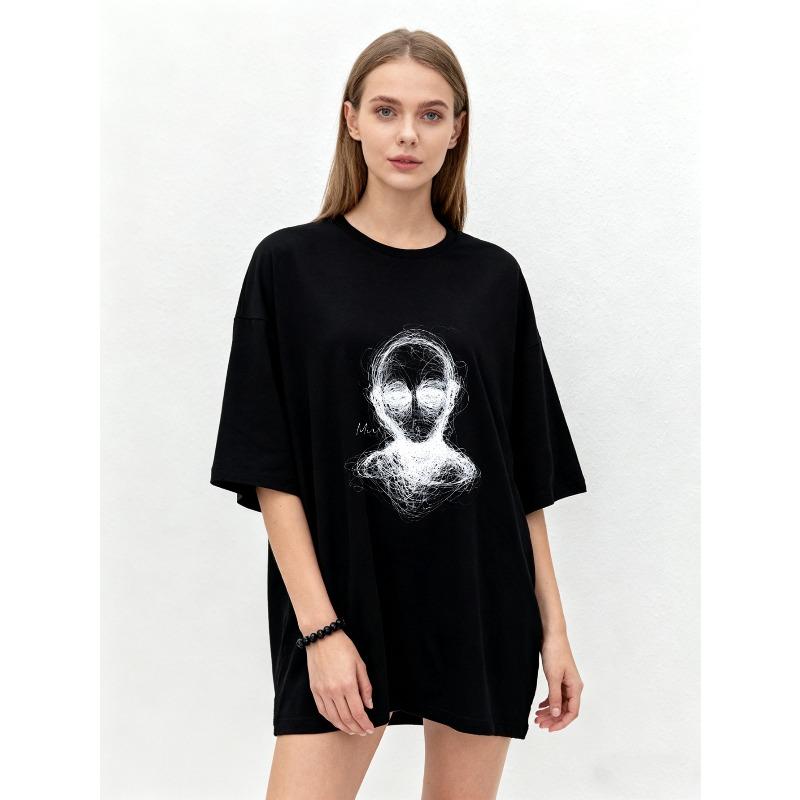 Oversized T Shirt Black Abstract Alien Face Print Casual Streetwear Fashion Top for Women and Men