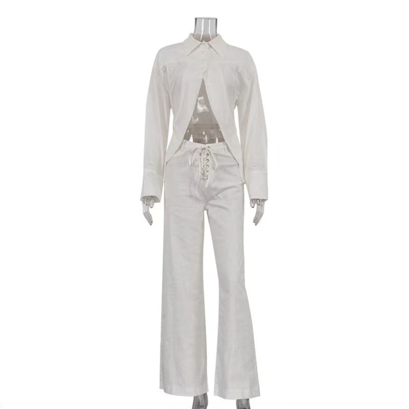 

European and American Navel Shirts Lace-up Wide-Leg Pants Set Sexy Crop Top Shirt and Pants Set White L