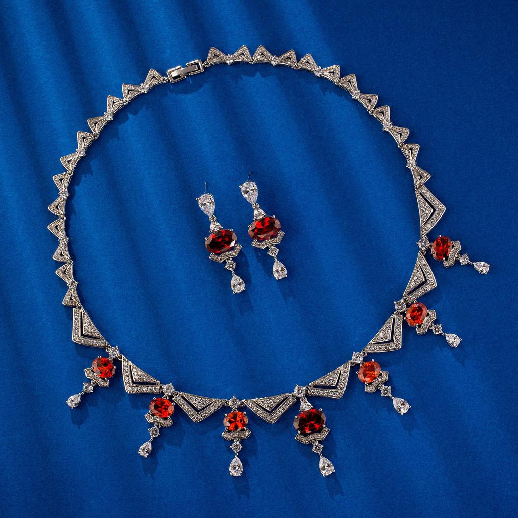 High-End Copper Earrings & Necklace with Main Stone - Popular in Europe & America, Two-Piece Set