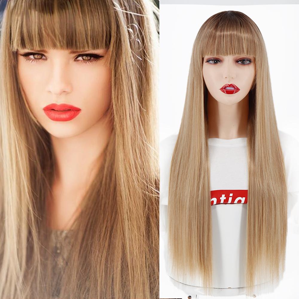 MERISIHAIR Brown Long Straight Wig with Blunt Bangs Synthetic Heat Resistant Fiber Wig for Women Daily Wear