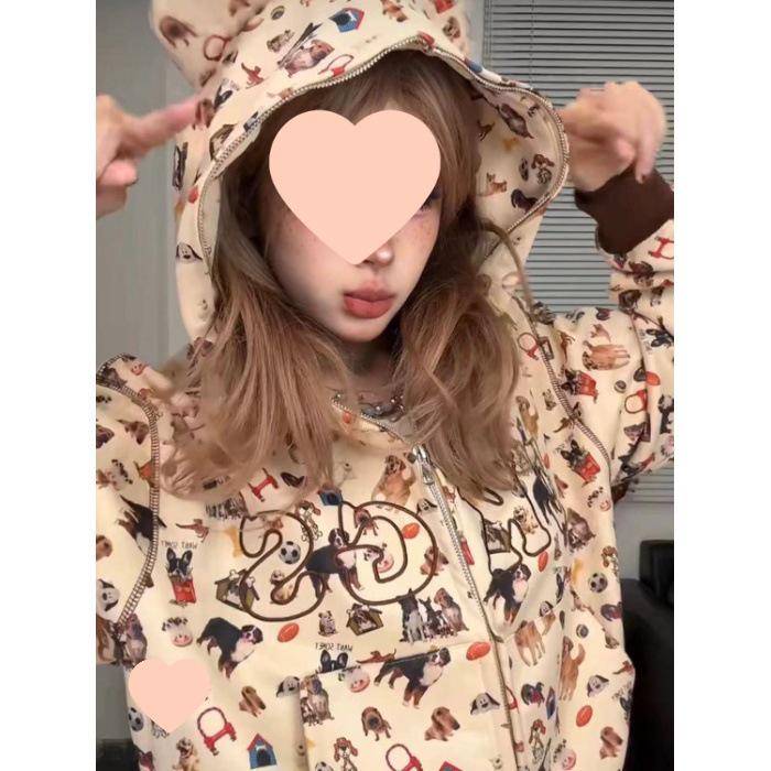 

American Retro Dog Print Hooded Sweatshirt for Women - Autumn Casual Loose Cardigan Jacket M