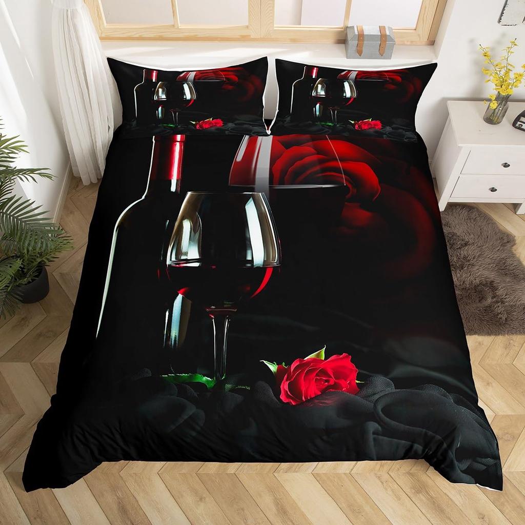 Valentine's Day Duvet Cover Queen Full Red Rose Romantic Flower Duvet Cover Heart Shaped Print Floral Black Soft Comforter Cover