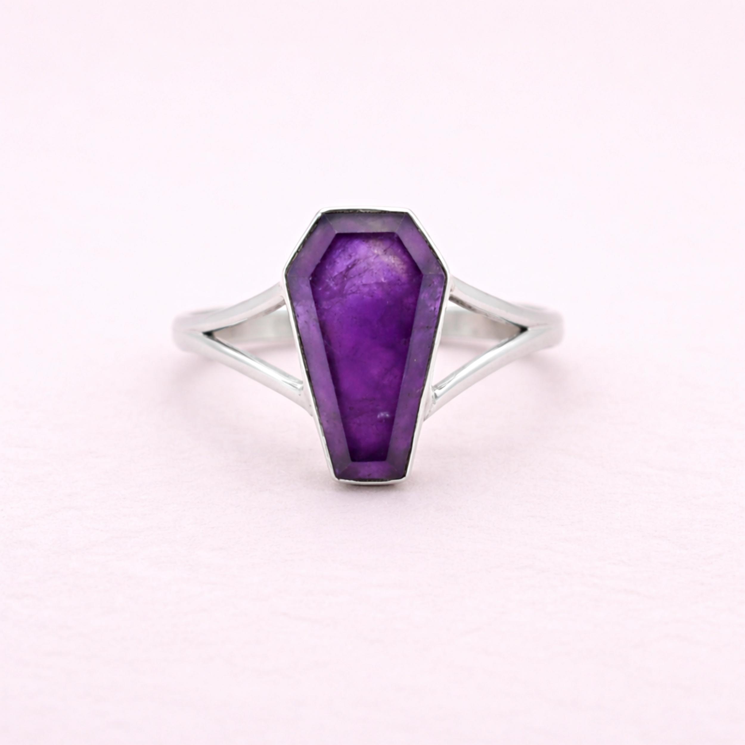 

Amethyst Coffin Cut Ring in 925 Sterling Silver, Statement Gemstone Ring for Women, Gothic Boho Handmade Jewelry 4 фиолетовый