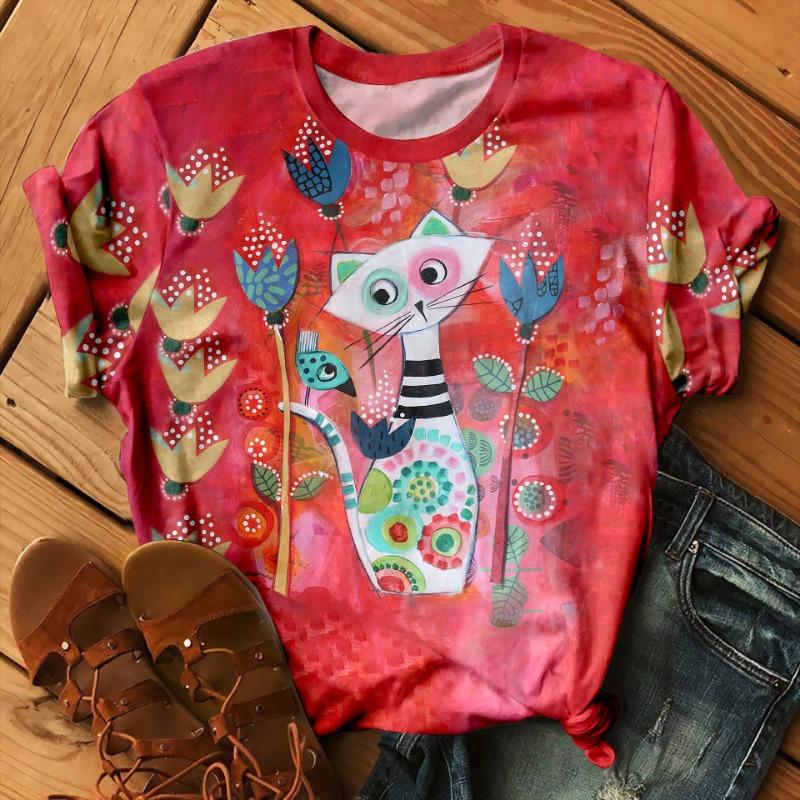 Roztomilá malá černá kočka Obrázek 3D digitální tisk Volné oversized dámské letní tričko s krátkým rukávem s kulatým výstřihem