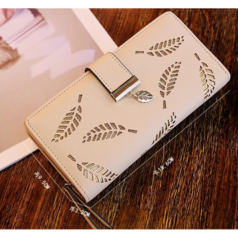 Yogodlns Poșetă lungă de ambreiaj cu frunze scobite pentru femei Suport card Portofel din piele bifold