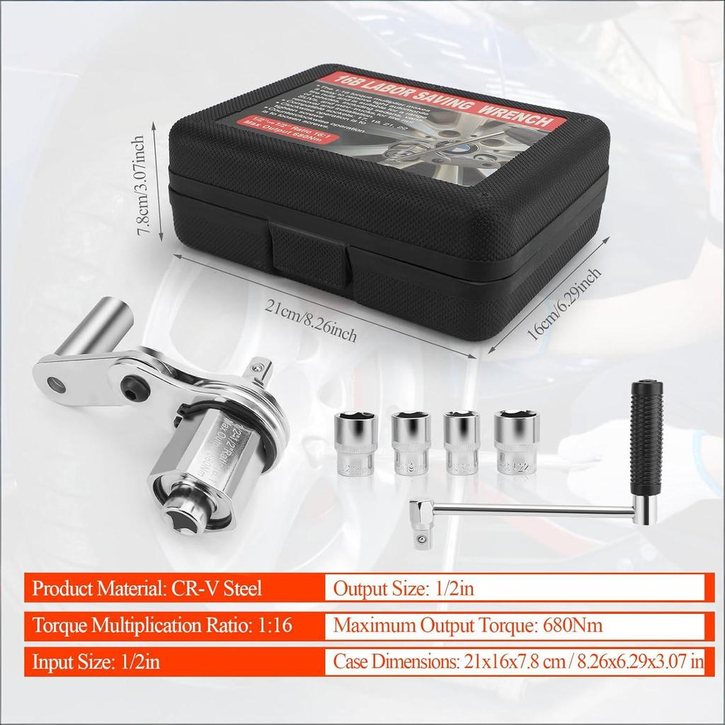 Torques Multiplier Wrench Kit, 1/2in Drive 1:16 Heavy Duty Lug Nut Remover. with 17 19 21 22mm Sockets, for Changing Tires