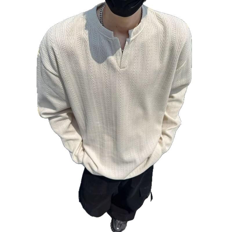 Men's High-End Jacquard Hoodie: Wrinkled Waffle Knit Long Sleeve T-Shirt with Elastic Padded Shoulders