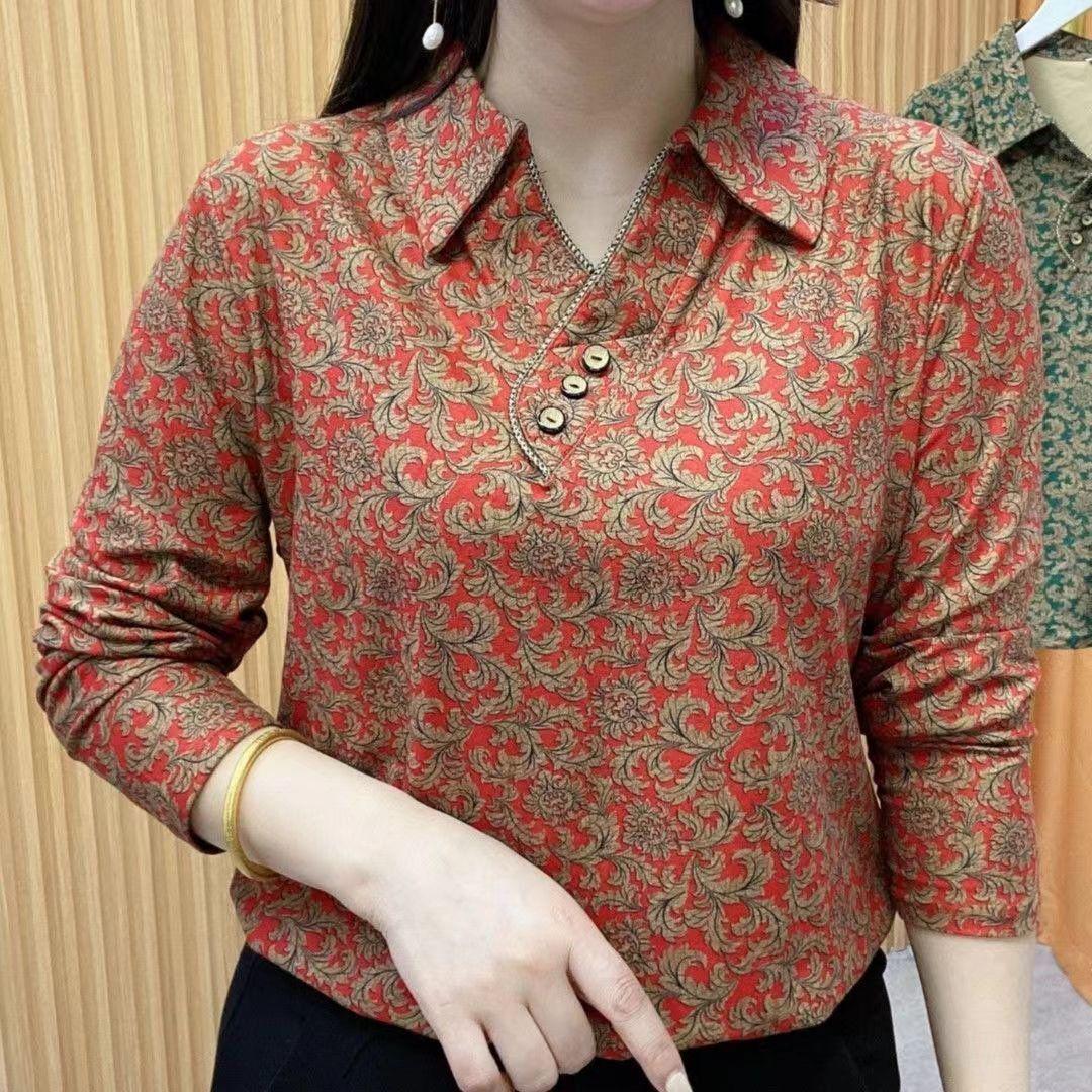 

Elegant Women s Long Sleeve Lapel Shirt - Stylish and Flattering for Middle-Aged and Elderly Mothers, Ideal for Autumn and Spring. 5XL червоний