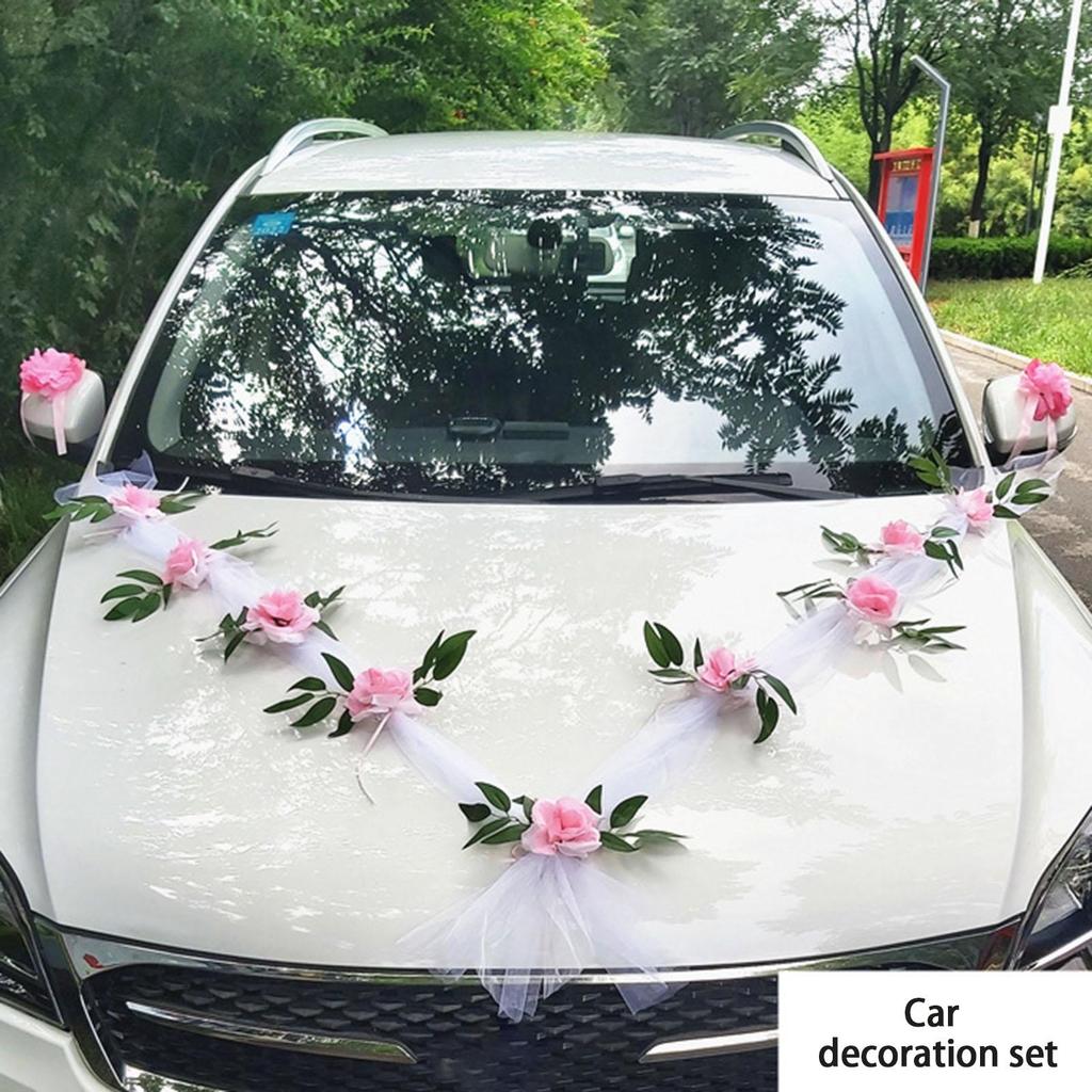 Wedding Car Front Artificial Flowers Ornament Decor Wreath Ribbons Rose Flower
