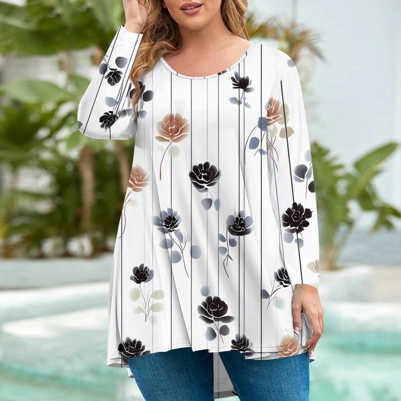 Women's Fashion Large Size Round Neck Long Sleeve Casual Print Loose Pullover Top T-Shirts Women’s