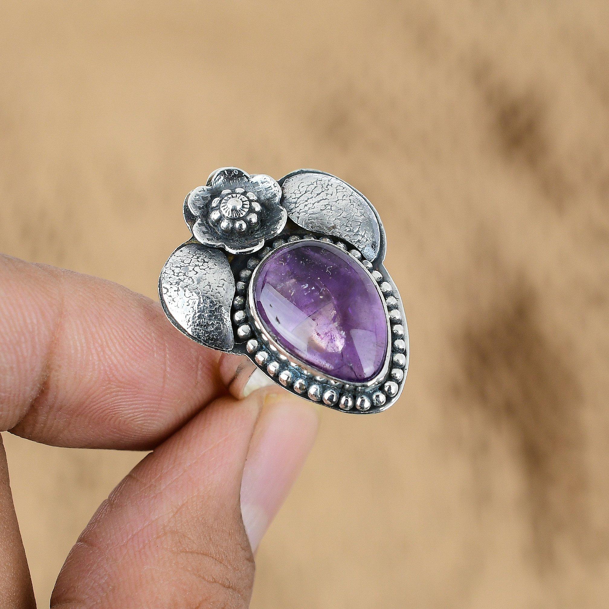 

925 Silver Pear African Amethyst Gemstone New Flower Boho Daughter Ring Jewelry Yes