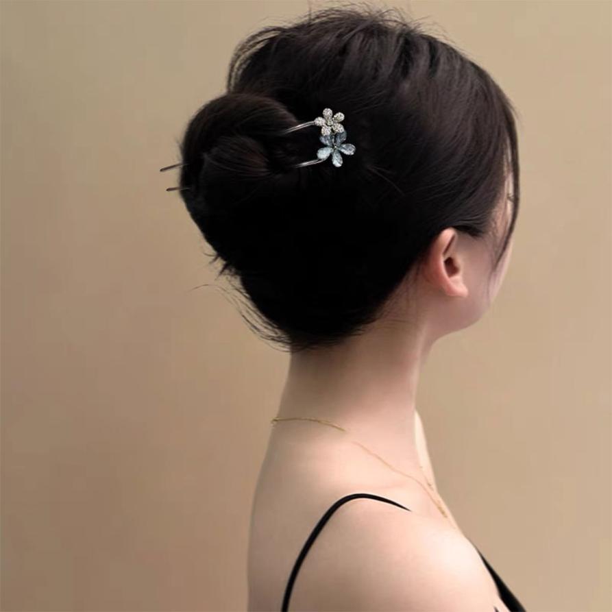 Vintage Floral Butterfly Hair Stick For Women Girls Metal U-shaped Hairpin Blue Crystal Hair Forks Updo Bun Hair Accessoriesge