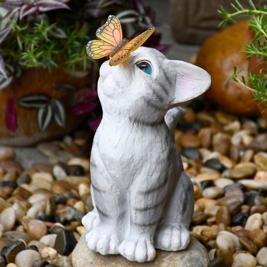 Cat Statue Solar Light, Outdoor Kitten Bunny Butterfly Sculpture Garden Light, Waterproof Solar Resin Animal Light for Pathway Yard Patio