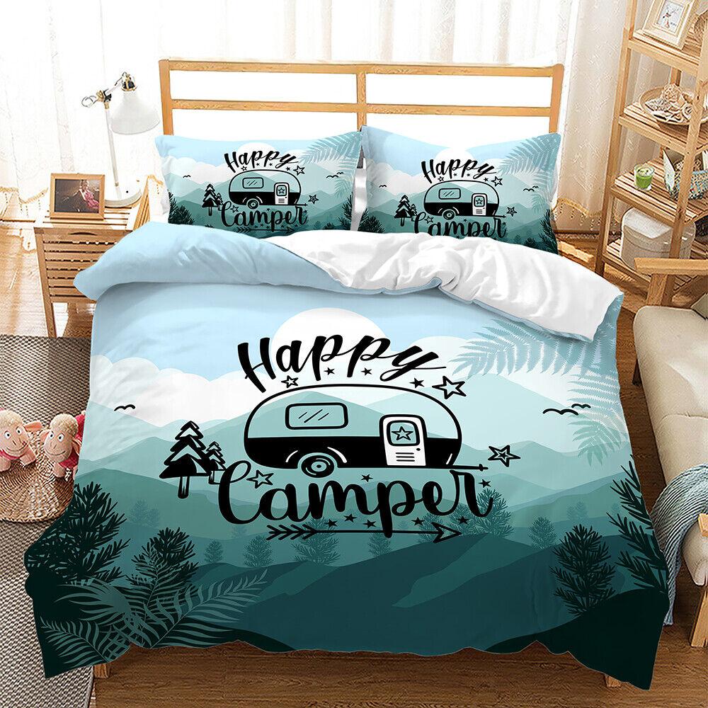 Exploring Wild Camp Happy Camper Striped Camping Doona Duvet Quilt Cover Bed Set
