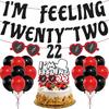 22th Happy Birthday Banner Decorations - 22 Pcs Birthday Decorations Number and Glasses Banners Balloons Black Red Glitter Big Cake Topper for 22th