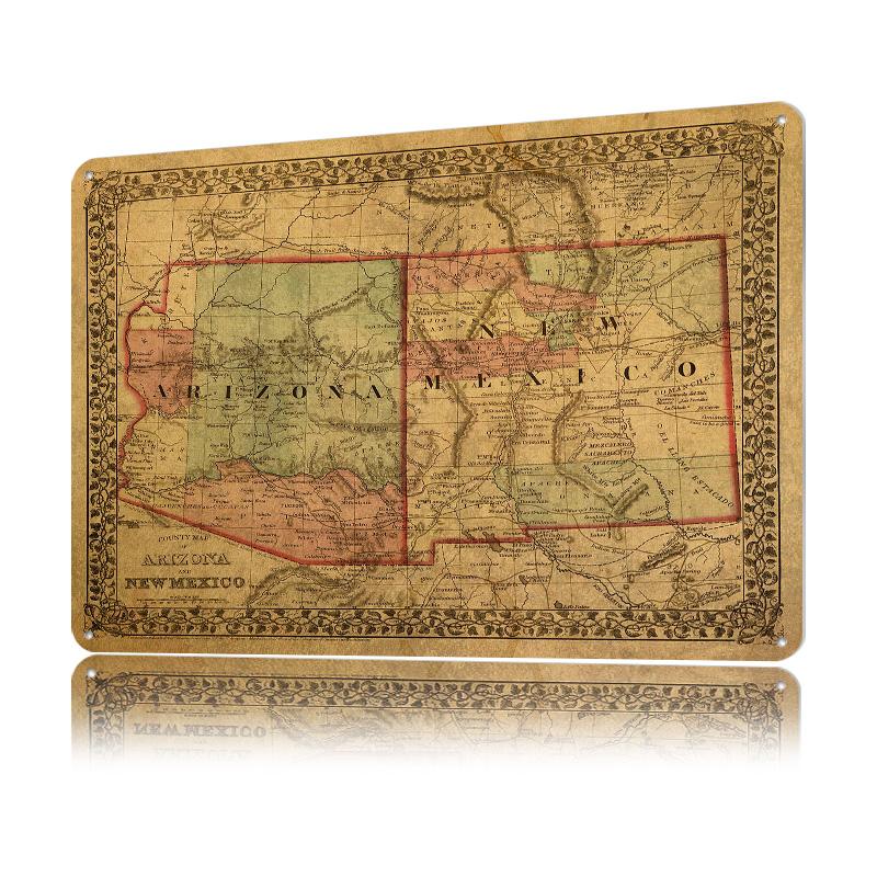 Vintage Map of Southwest Printed Poster Customized Wall Art Retro Vintage Metal Tin Signs for Gaming Room Decoration Cozy House