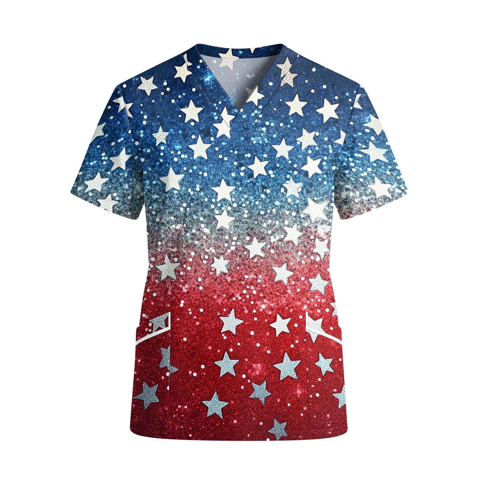 

Women s V Neck Short Sleeve Work Shirt with Pockets Independence Day Star Print Medical Scrub Top for Healthcare Professionals XL червоний