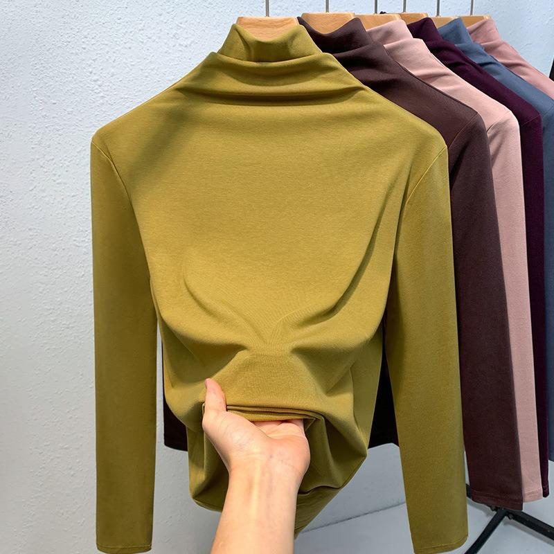 Turtleneck Bottoming Shirt Women's New Women's Clothing Solid Color Simple Long-sleeved T-shirt Velvet Warm Inner Waist Top