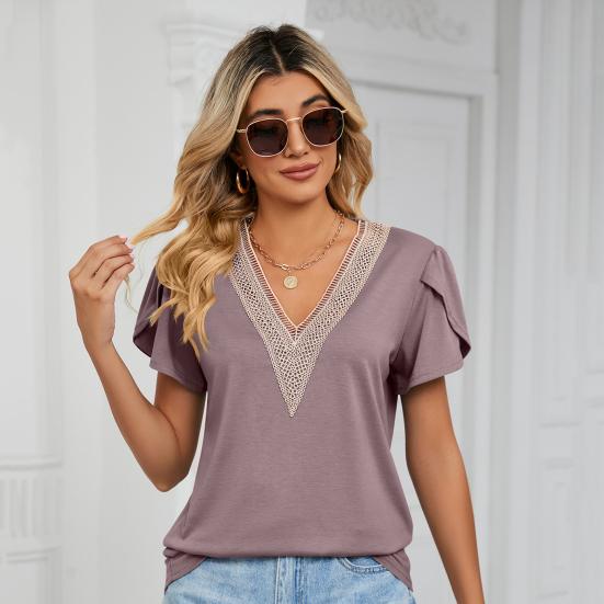 V-neck Petal Short Sleeve Women T-shirt Summer Golden Lace Stitching Loose Pullover Top Streetwear
