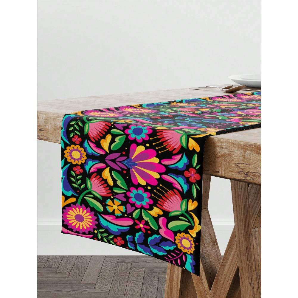 1pc Festive Linen Table Runner, Colorful Mexican Festival Design Tablecloth, Suitable For Home Dining Room And Restaurant, 13"X72"/33cm*183cm