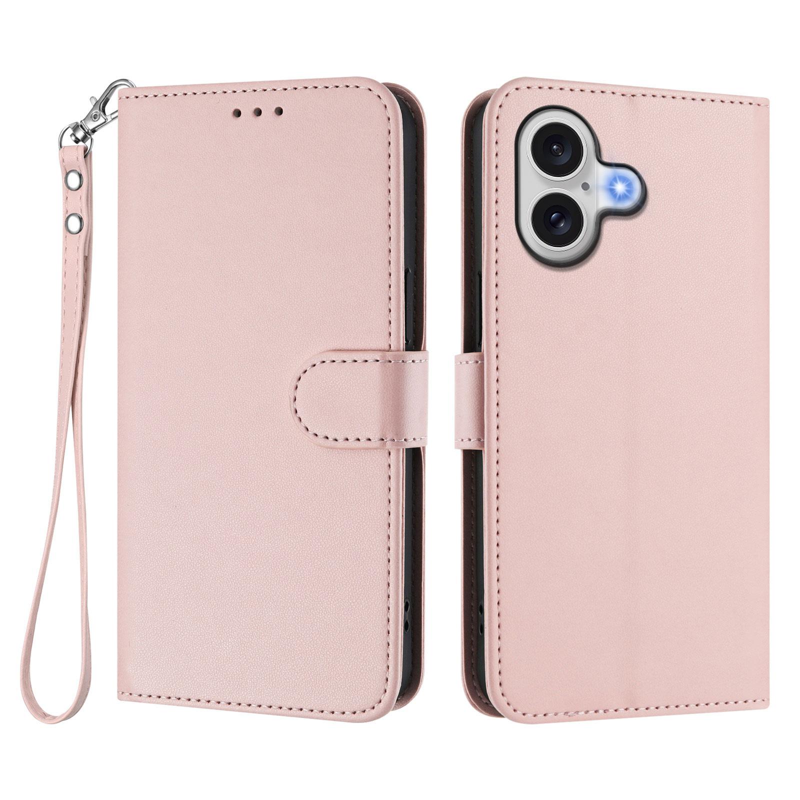 

For iPhone 17 Leather Case Wallet Stand Phone Cover with Wrist Strap Pink
