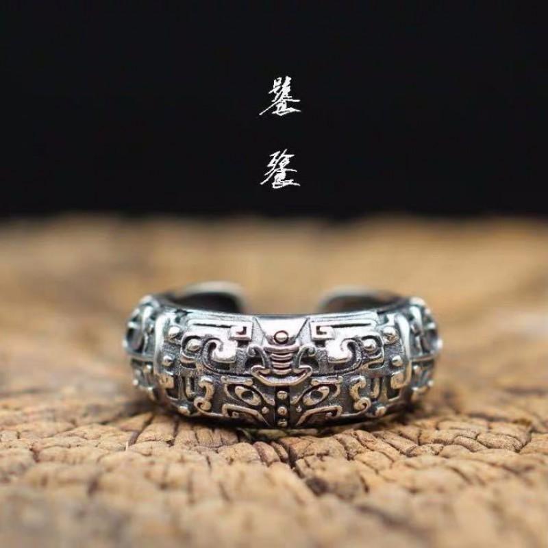 Adjustable Open Ring With Mythical Taotie Beast Design Vintage Plated Copper Unisex Statement Jewelry