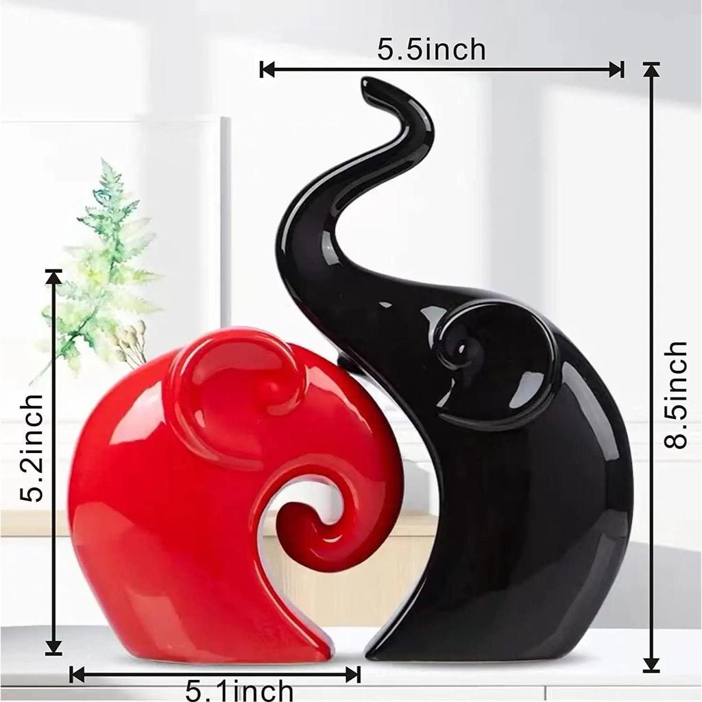 Home Decor Lucky Charm Elephant Couple | Piano Finish Ceramic Figures- (Set of 2 Piece, Red & Black)