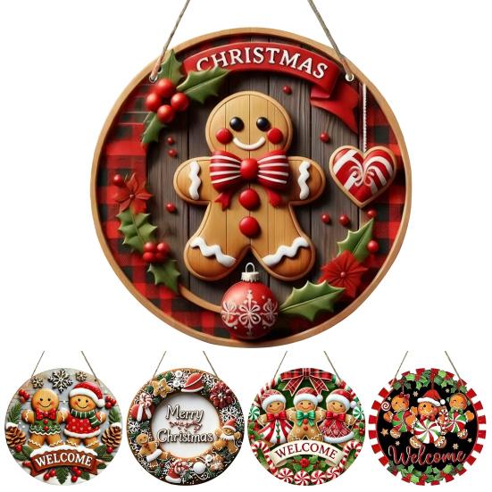 2D Merry Christmas Wooden Sign Red Black Plaid Gingerbread Man Wall Hanging Decor Front Door Porch Home Holiday Decorations