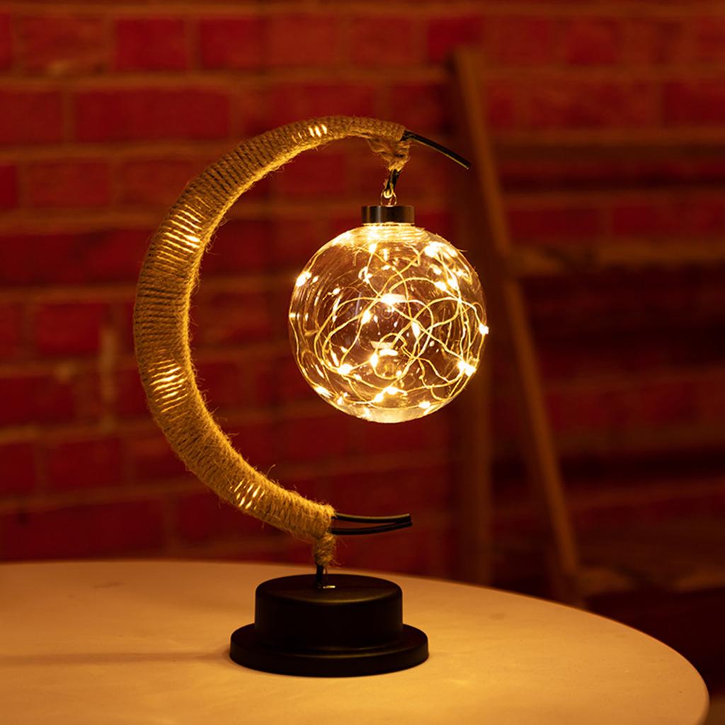 LED Table Lamp Hemp Rope Wrought Iron Moon Ball Decorative Bedside Night Lamp for Children Holiday Party Gift