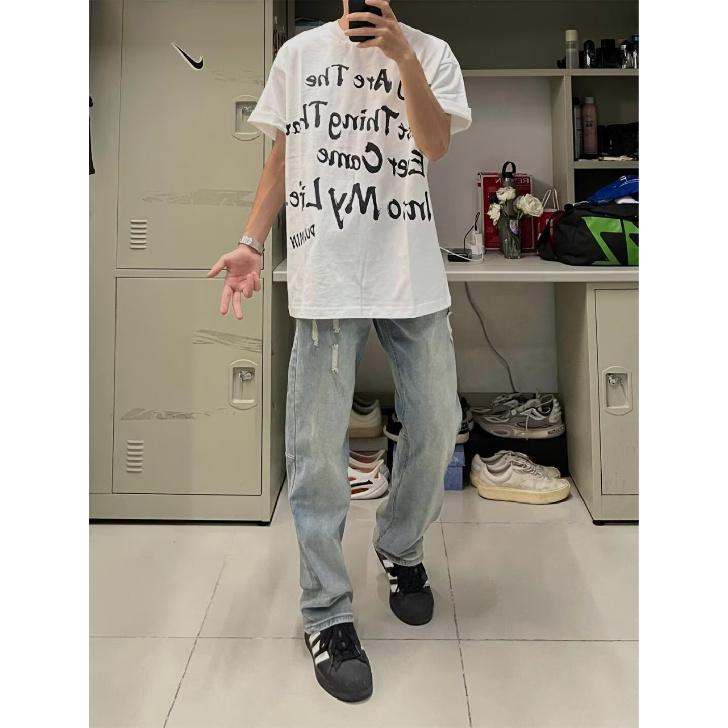 Men'S Retro Washed Vintage Wide Leg Jeans, Men'S Loose Straight Leg Casual Versatile Vibe Hanging Long Pants
