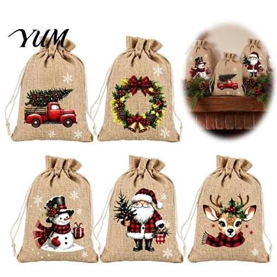 Weihnachtsveranstaltung Geschenktüten Kordelzugbeutel, Kleine festliche Drucke Jute Leckerlibeutel für Weihnachtsmann Rentier Partygeschenke Süßigkeiten Schmuck