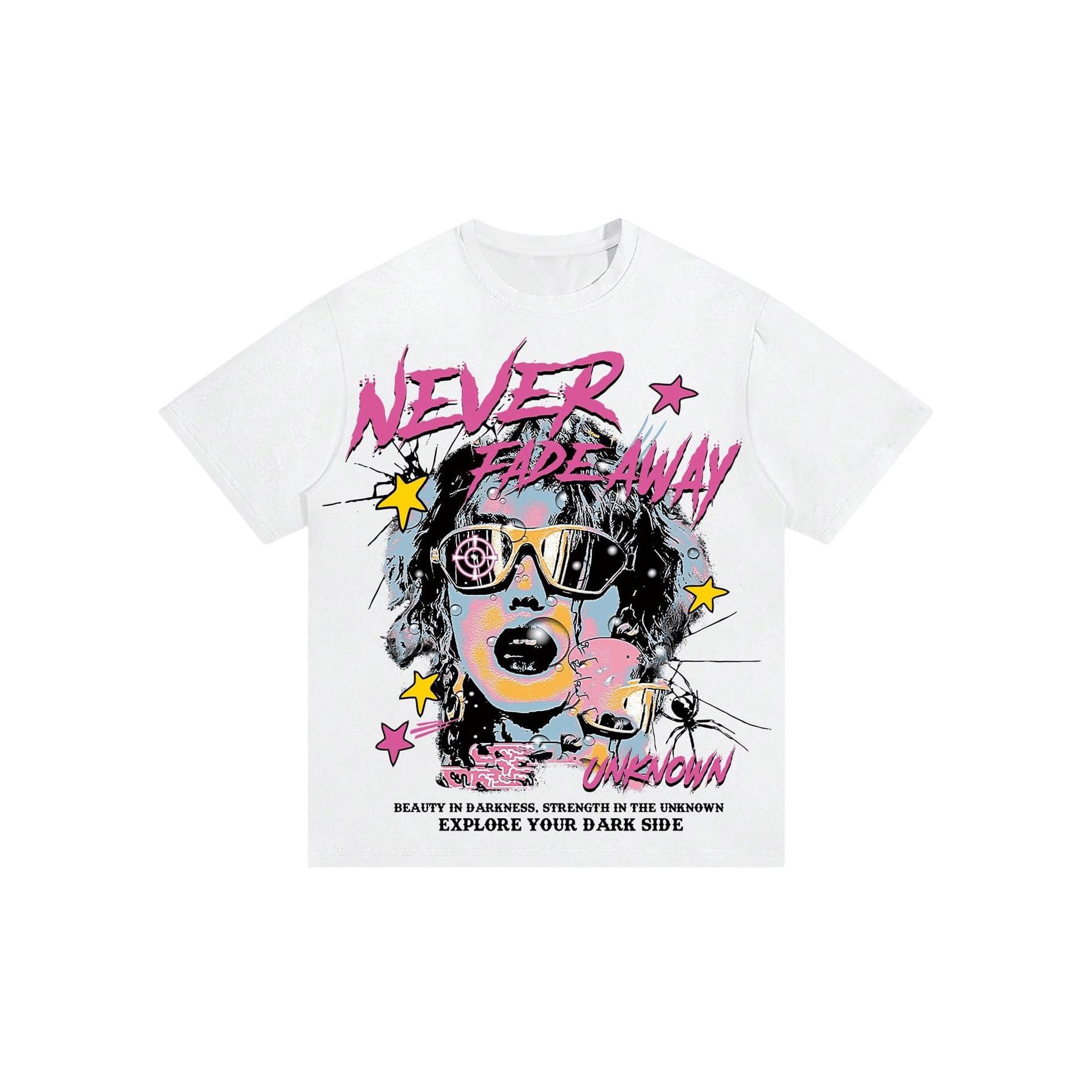 Men s Edgy Never Fade Away Graphic Tee, Pop Art Portrait Y2K Streetwear Oversized T-Shirt L белый